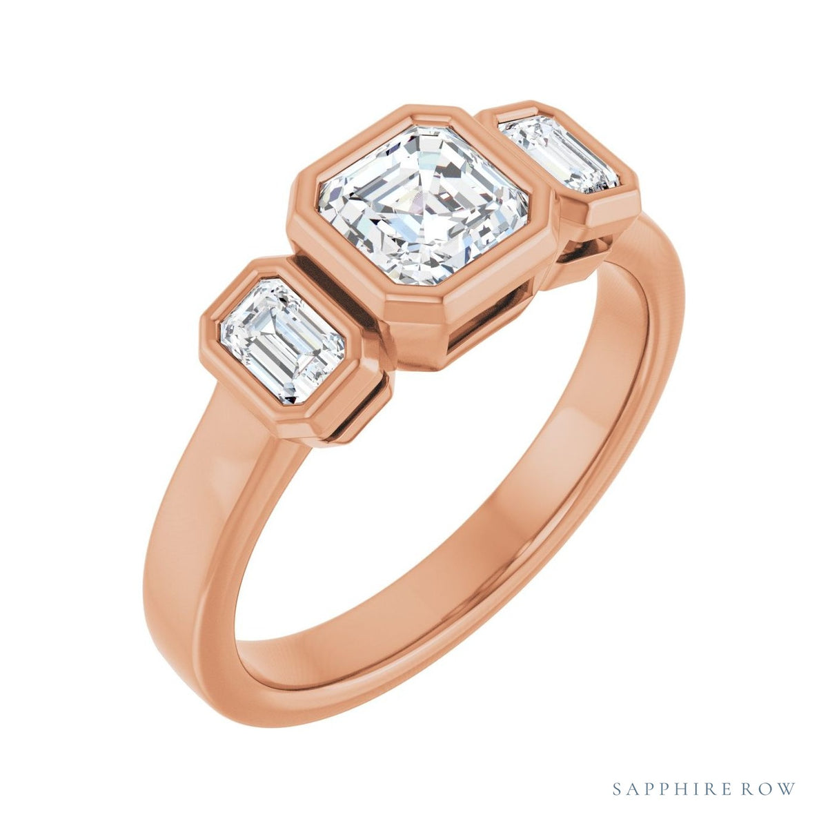 Sapphire Row Asscher Low-Profile Bezel-Set Three-Stone Engagement Ring setting in 14K Rose Gold, shown with a center stone and matched side stones (all sold separately) — three-quarter view