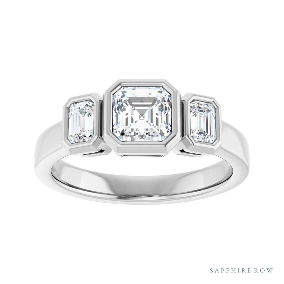Sapphire Row Asscher Low-Profile Bezel-Set Three-Stone Engagement Ring setting in 14K White Gold, shown with a center stone and matched side stones (all sold separately)