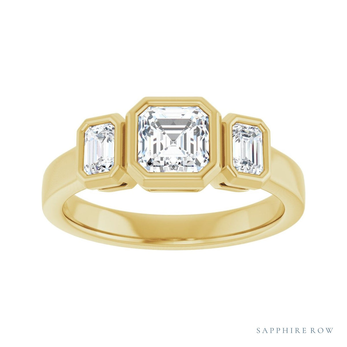 Sapphire Row Asscher Low-Profile Bezel-Set Three-Stone Engagement Ring setting in 14K Yellow Gold, shown with a center stone and matched side stones (all sold separately)