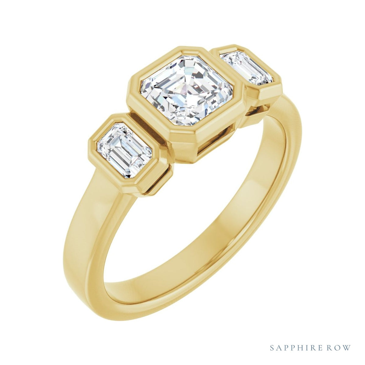 Sapphire Row Asscher Low-Profile Bezel-Set Three-Stone Engagement Ring setting in 14K Yellow Gold, shown with a center stone and matched side stones (all sold separately) — three-quarter view