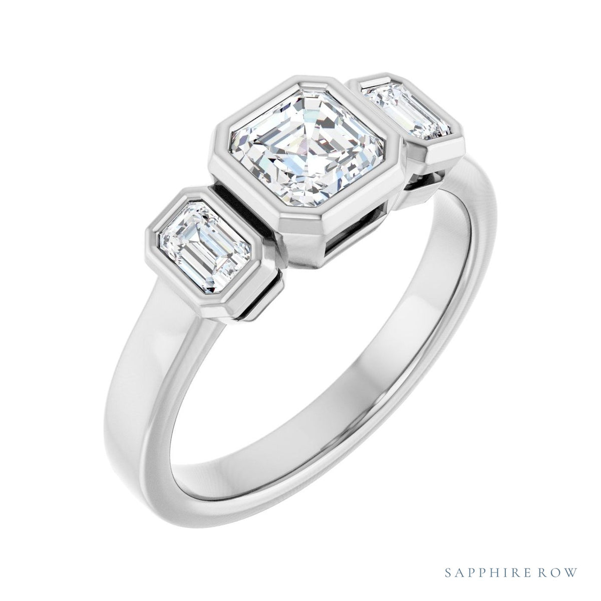 Sapphire Row Asscher Low-Profile Bezel-Set Three-Stone Engagement Ring setting in Platinum, shown with a center stone and matched side stones (all sold separately) — three-quarter view