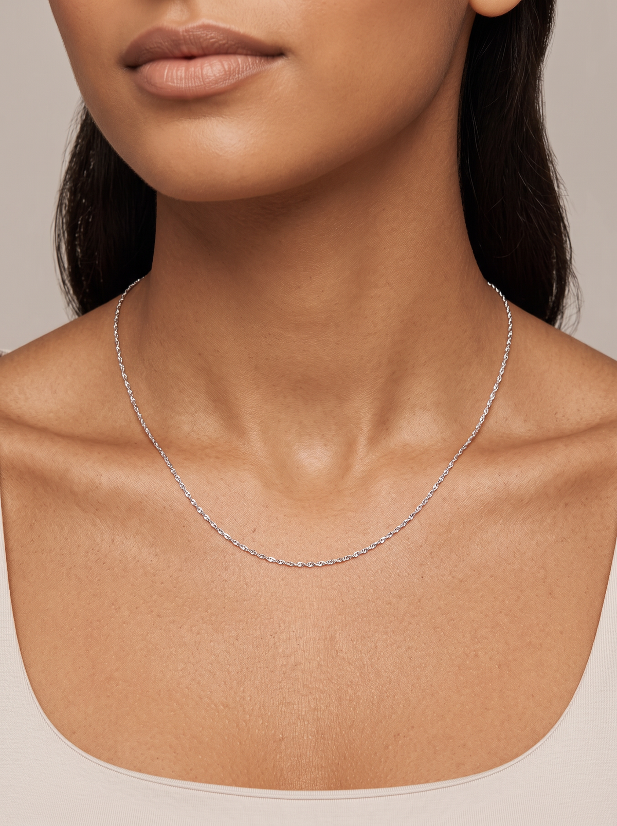 Diamond-Cut Singapore Chain Necklace in 14K White Gold, worn at the collarbone