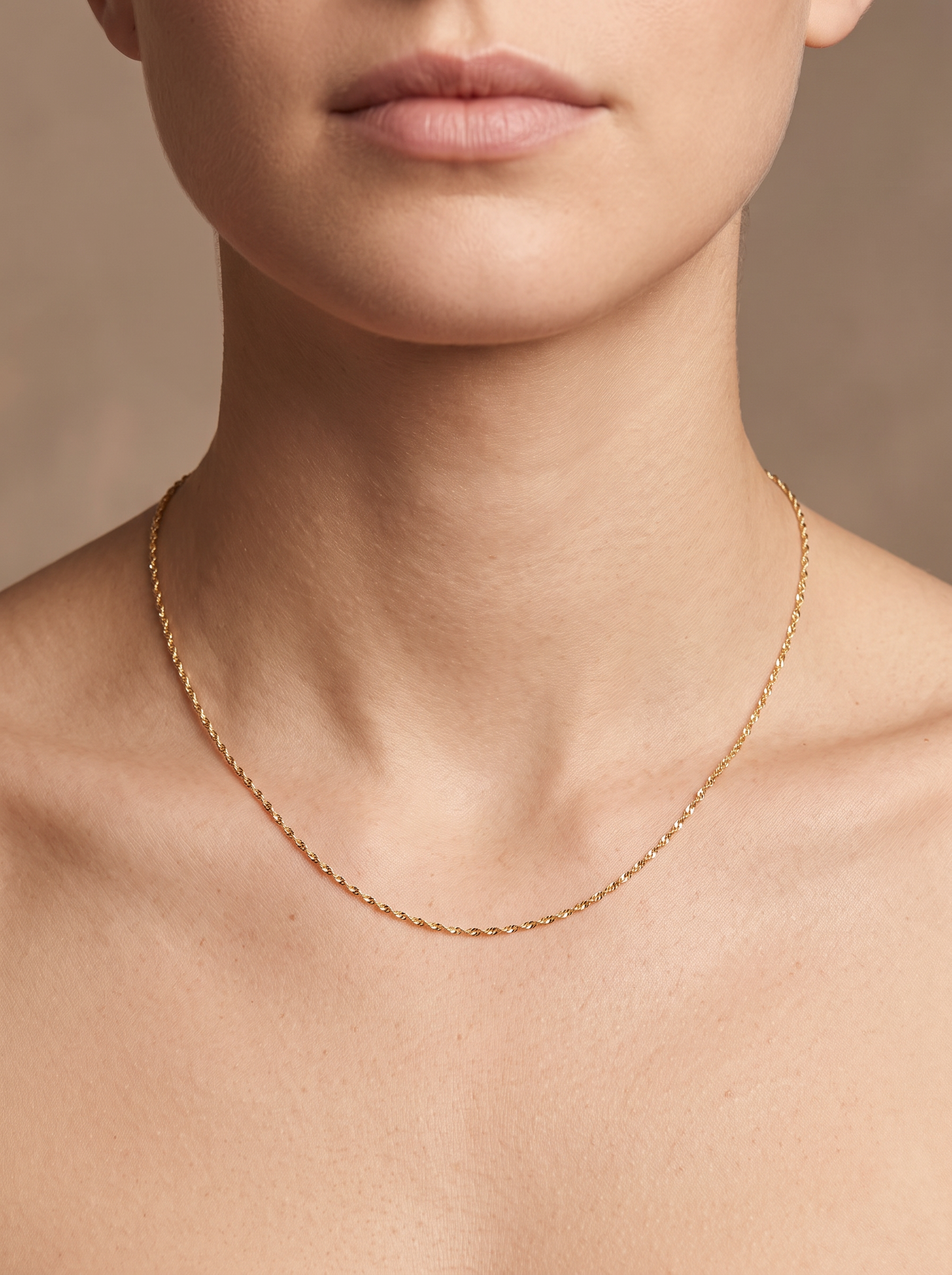 Diamond-Cut Singapore Chain Necklace in 14K Yellow Gold, worn at the collarbone