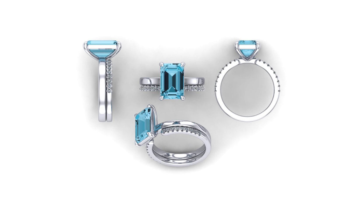 CAD rendering of an emerald-cut aquamarine ring in white gold with its matching band, from four angles