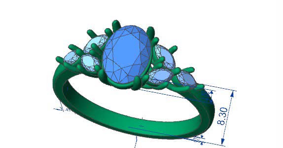 CAD drawing of an oval diamond ring with marquise side stones, seen at an angle