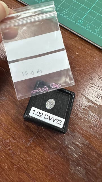 The oval diamond in its box and the pink sapphires in a bag