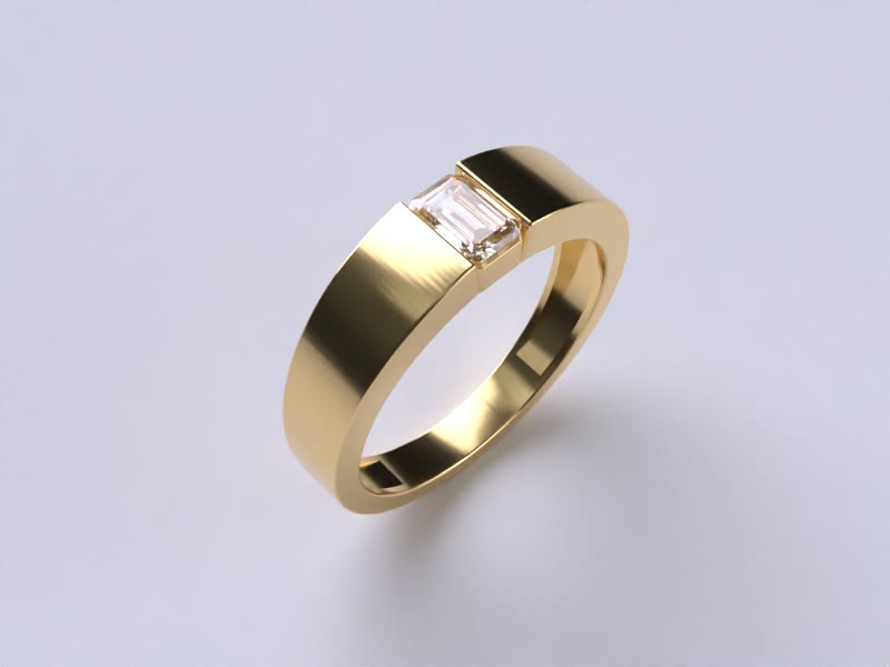 Rendering of a wide yellow gold band with one emerald-cut diamond set across it
