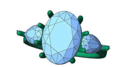 CAD drawing of an oval diamond ring with pear side stones