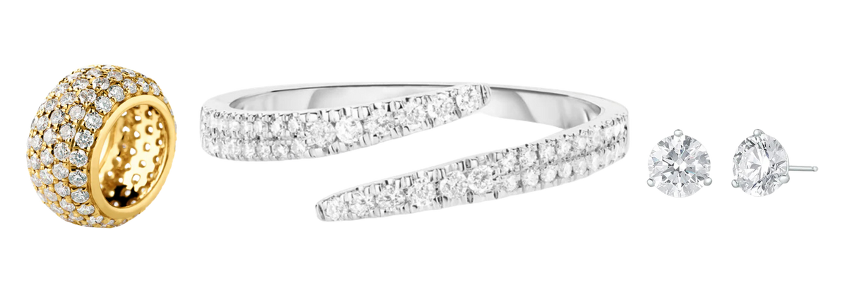 Gold and diamond fine jewelry — rings, a pave band and diamond stud earrings
